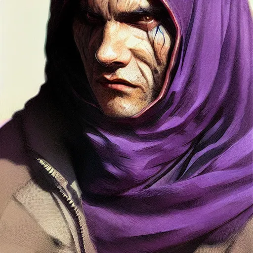 Image similar to ultra realistic illustration, man in a black hood, in a striped purple balaclava, mysterious, highly detailed, digital painting, artstation, concept art, smooth, sharp focus, illustration, art by artgerm and greg rutkowski and alphonse mucha