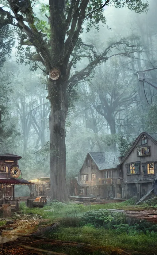 Image similar to a steampunk village in a forest, surrounded by giant trees, in the rain, photo realistic, junk everywhere, atmospheric, 8k