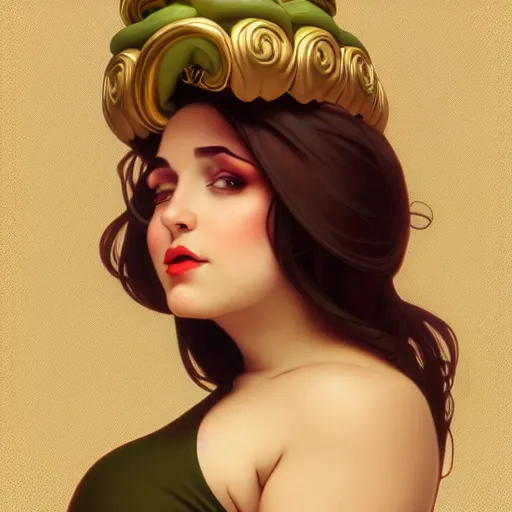 Prompt: curvy woman with a bundt cake on her head, digital art, cinematic, olive skin, concept art, 8k, painting, imaginefx, cgsociety, art nouveau, Alphonse Mucha, trending on artstation, medium shot, head shot