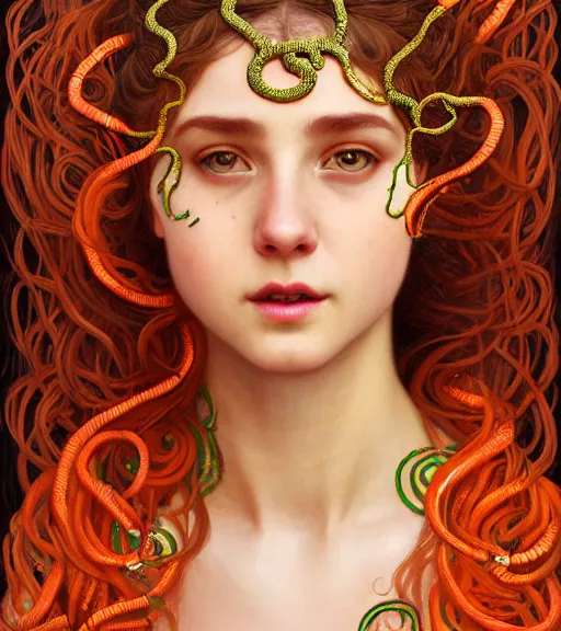 Image similar to portrait of teenage medusa, snake hair, naughty smile, wearing an embroidered orange tunic, intricate, elegant, copper and emerald jewelry, glowing lights, highly detailed, digital painting, artstation, concept art, smooth, sharp focus, seductive, illustration, art by wlop, mucha, artgerm, and greg rutkowski