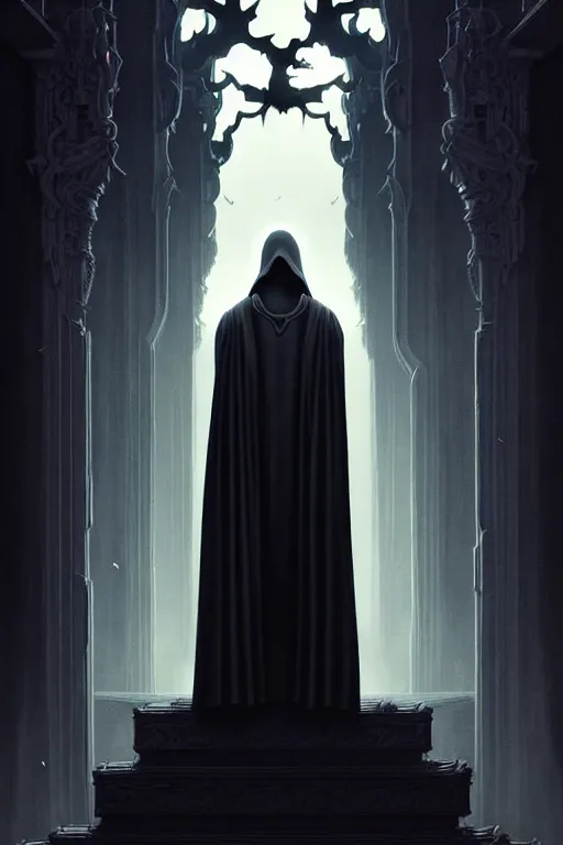 Prompt: video game cover, creepy grim reaper dressed with a cape, intricate baroque style. by carl gustav carus, by hsiao - ron cheng, masterpiece. intricate artwork, very coherent symmetrical artwork, cinematic, octane render, smooth gradients, high contrast. full body character, clean ink detailed line drawing, intricate detail, extremely detailed.