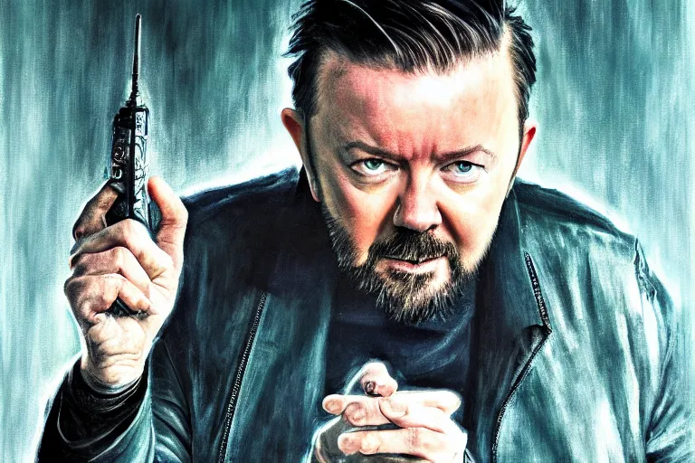 Image similar to full length portrait of ricky gervais as a cyberpunk wizard, dramatic lighting, depth, high detail, digital art, painted by marguerite anderson