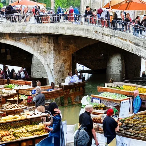 Prompt: medieval food market on a bridge