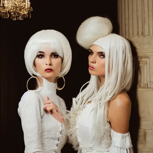 Prompt: photograph of two women with baroque white dresses and white baroque wigs in a hall, candle light fashion photography