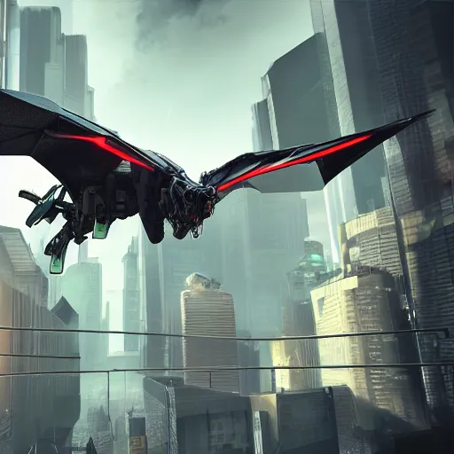 Image similar to photorealistic, long shot, robot mecha pterodactyl flying over a city, cyberpunk, daylight