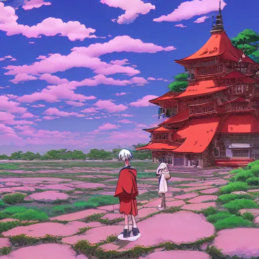 Prompt: gibli studio background anime style background painting, kazuo oga background, hayao miyazaki painting