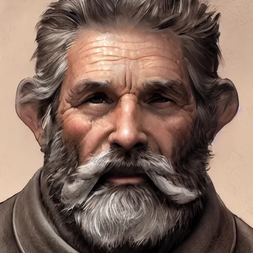 Prompt: medium close up portrait of a old, ruggedly handsome bearded man holding corgi dog, real hands, soft hair, muscular, half body, cloth, d & d, fantasy, intricate, elegant, highly detailed, digital painting, artstation, concept art, smooth, sharp focus, illustration, art by artgerm and greg rutkowski and alphonse mucha