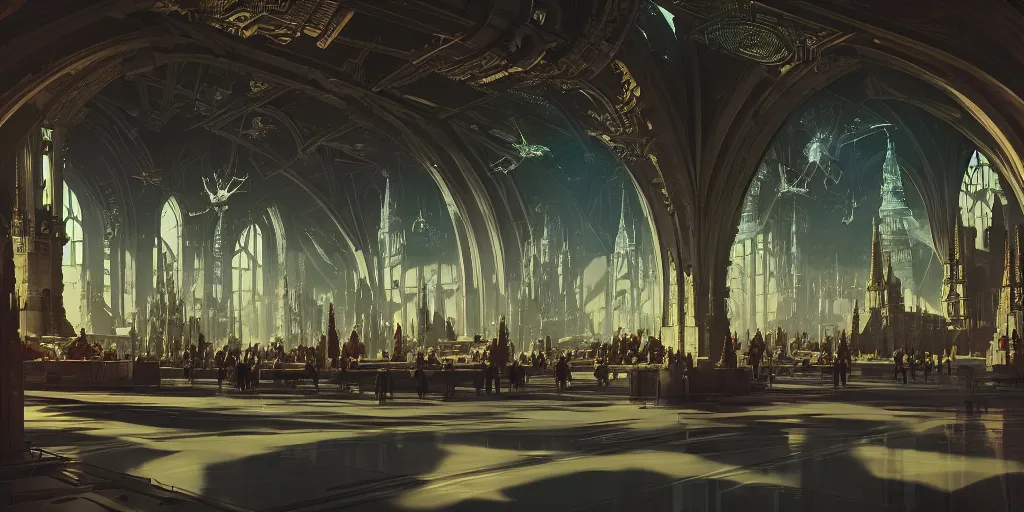 Image similar to cel shaded cinematic shot of the interior of a sci-fi space station with ornate architecture bustling with people and flying cars, epic castle, gothic architecture, emerald, crystalline, detailed illustration, sharp focus, concept art, unreal engine, octane render, god rays
