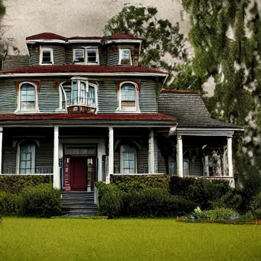 Prompt: a haunted house realistic with ghosts swooshing across the front lawn