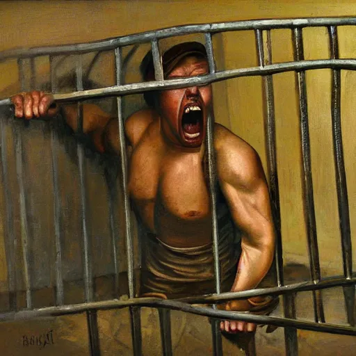 Image similar to a screaming prisoner holding prison bars, realism old painting, oil painting