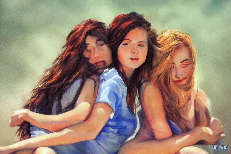 Prompt: beautiful painting of friends, beautiful faces, sitting on the edge, cute, soft light, digital painting by belotto bernardo