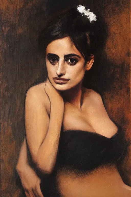 Image similar to oil painting, portrait of penelope cruz, artwork by edgar degas