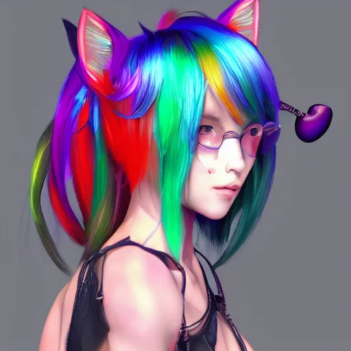 Prompt: catgirl with rainbow hair, digital art, by Yoshitaka Amano, trending on artstation, 4k, highly detailed