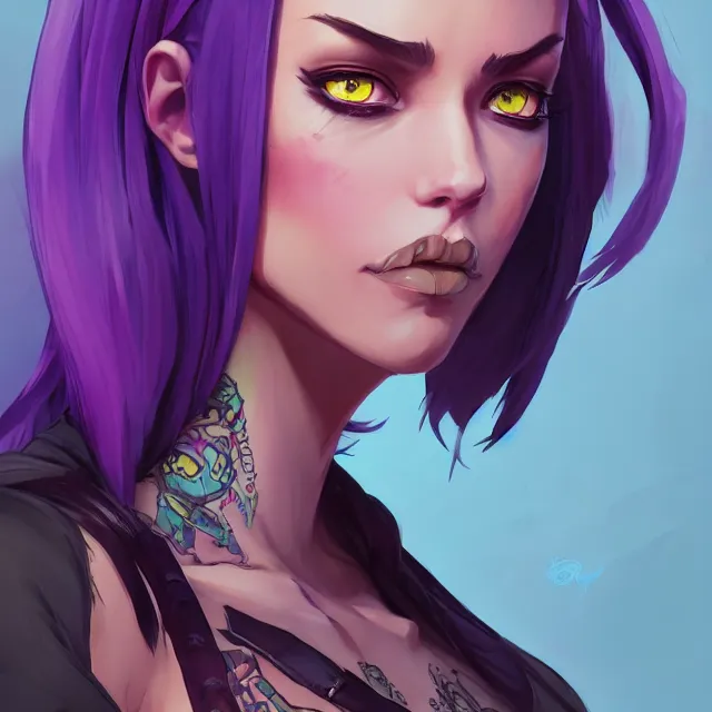 Image similar to beautiful female purple hair with dagger tattoo symmetrical face eyes full length fantasy art apex fortnite Video game icon, 2d game art gta5 cover , official fanart behance hd artstation by Jesper Ejsing, by RHADS, Makoto Shinkai and Lois van baarle, ilya kuvshinov, rossdraws