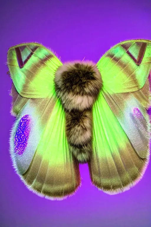 Image similar to high quality macro photo pearlescent furry moth! jeweled gorgeous! highly detailed david ligare elson peter cinematic purple neon lighting high quality low angle hd 8k sharp shallow depth of field