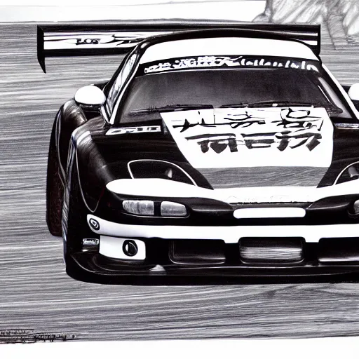 Image similar to pen ink drawing black red 1999 FD RX-7 front side view dynamic racing motion blur Shuichi Shigeno and Michiharu Kusunoki