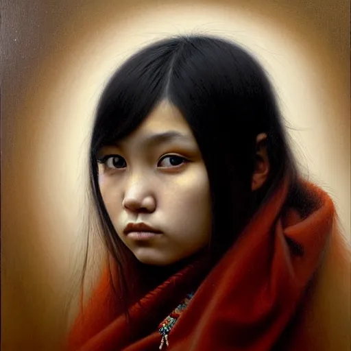 Prompt: beautiful portrait of a kazakh, ( emo ) girl, by casey baugh,, vladimir kush, yasunari ikenaga, yasar vurdem, william oxer