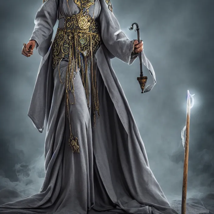 Prompt: professional photograph of a real - life beautiful elemental lunar witch with ornate grey robes and staff. extremely detailed. 8 k