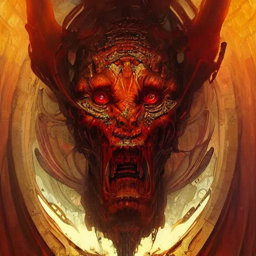 Image similar to hyper realistic portrait of a Necronomicon demon character in a hell portal in a film, art by artery and Greg Rutkowski and alphonse mucha, sci-fi, fantasy, intricate, ornate, very very beautiful, elegant, highly detailed, digital painting, artstation, concept art, smooth, sharp focus, illustration