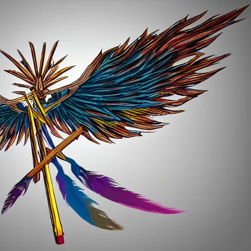 Prompt: medieval weapon, long spear made of feathered wings, prismatic, multi colored feathers, anime style, white background