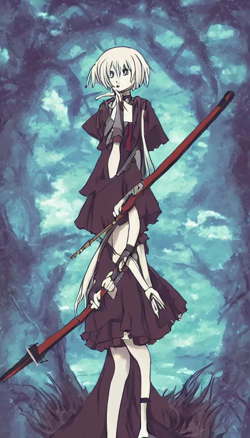 Image similar to the being death as a cute anime girl with a giant scythe from a studio ghibli film inspired by the death tarot card, dark vibes