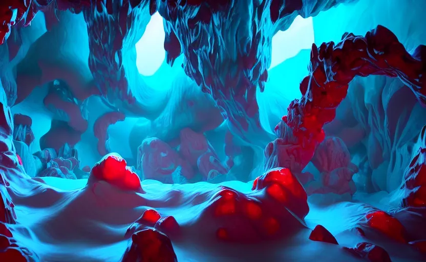 Image similar to liquid nitrogen with red water-cooling coolant flowing through latent representations of ice caverns by centrifugal forces, gaming pc circuitry sticking out the walls!!!!, high detail, high contrast!, low-poly elements!!!, trending on artstation, octane render, subsurface scattering, ray-tracing, 4k