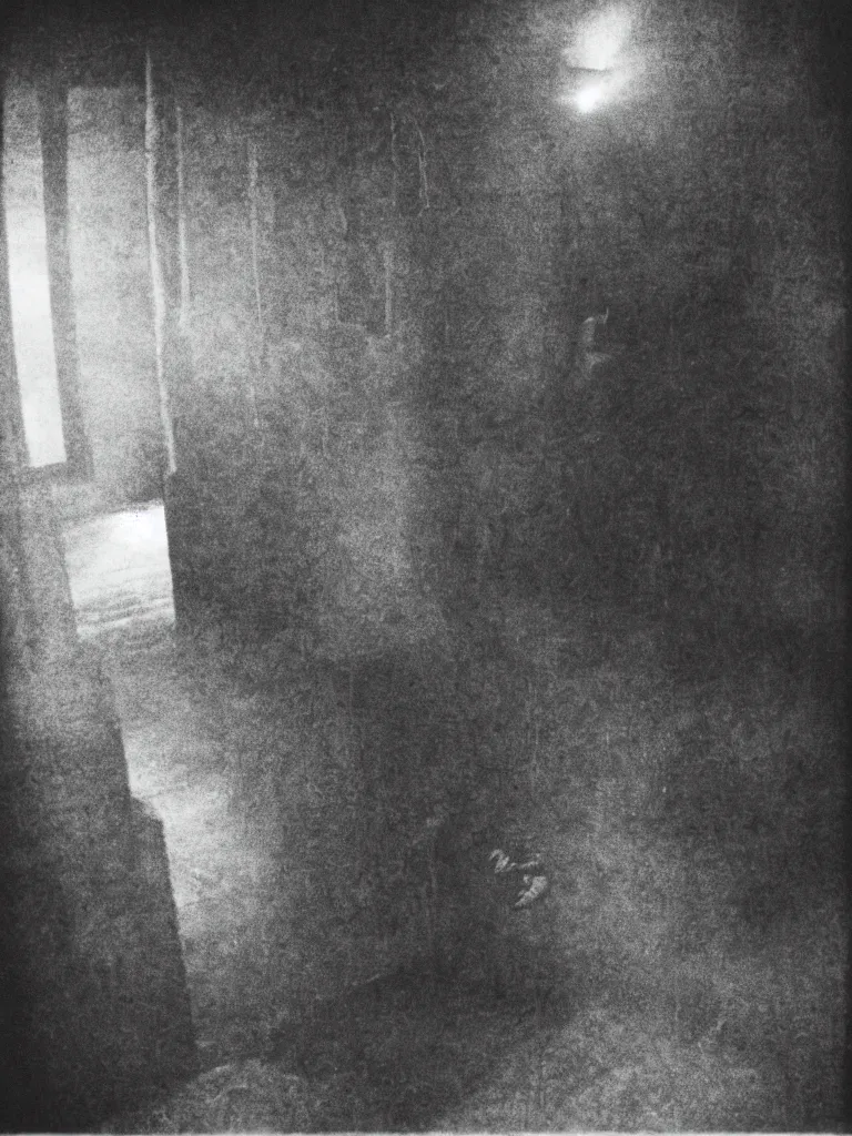 Image similar to still of a vampiric creature hiding in a barn, horror movie, grainy, polaroid, found footage, great cinematography by scott derrickson