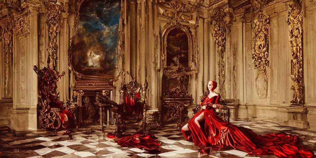 Image similar to epic, cinematic, leading lines, low angle, a 1 7 th century beautiful queen, sitting on the throne, symmetry, baroque interior, shiny marble floor, ornate dark red opulent clothing, scifi, futuristic, optimistic, acrylics painting, expressive, impressionism, masterpiece