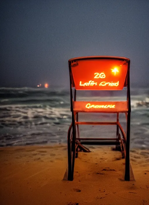 Prompt: a 2 8 mm macro photo of lightning striking a lifeguard chair at the beach, long exposure, misty, night, splash art, movie still, bokeh, canon 5 0 mm, cinematic lighting, dramatic, film, photography, golden hour, depth of field, award - winning, anamorphic lens flare, 8 k, hyper detailed, 3 5 mm film grain