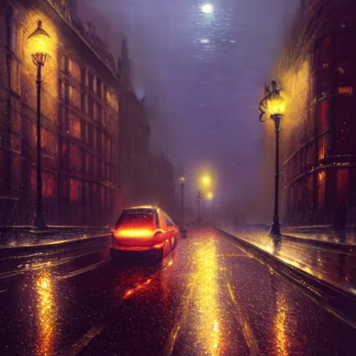 Image similar to nighttime in London, wet pavement, street level view, light mist, fantasy, intricate, elegant, digital painting, trending on artstation, concept art, soft focus, illustration by greg rutkowski, Gaston Bussiere and artgerm, 4k.