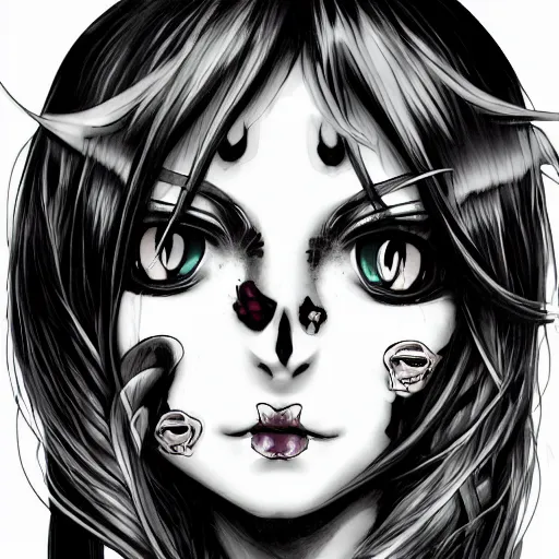 Image similar to anime manga closeup skull portrait girl face detailed highres 4k se Mucha and James Jean pop art nouveau