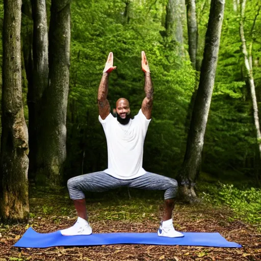 Prompt: lebron james doing yoga in the forest, ( eos 5 ds r, iso 1 0 0, f / 8, 1 / 1 2 5, 8 4 mm, postprocessed, crisp face, facial features )