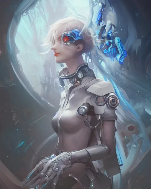 Image similar to holy cyborg necromancer girl, elegant, scifi, futuristic, utopia, garden, illustration, atmosphere, top lighting, blue eyes, white hair, focused, artstation, highly detailed, art by yuhong ding and chengwei pan and serafleur and ina wong