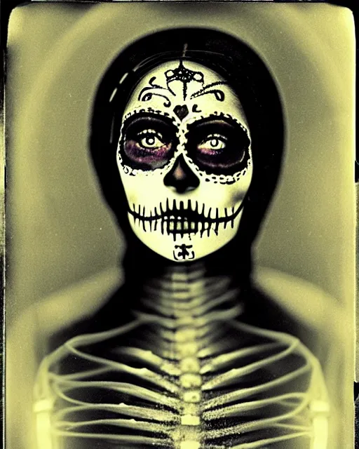 Image similar to tintype full body virgin mary dressed in dia de muertos makeup high quality photo, microchip, artificial intelligence, bio - mechanical bio - luminescence, black wired cables, neurons, nerve cells, cinematic, rim light, photo - realistic, high detail, 8 k, masterpiece, high fashion, in the style of steven meisel dora maar h. g. giger