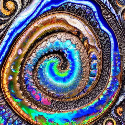 Prompt: Art Nouveau cresting oil slick waves, hyperdetailed bubbles in a shiny iridescent oil slick wave, ammolite, detailed giant opalized ammonite shell, black opal, abalone, paua shell, ornate copper patina medieval ornament, rococo, oganic rippling spirals, octane render, 8k 3D, cresting waves and seafoam