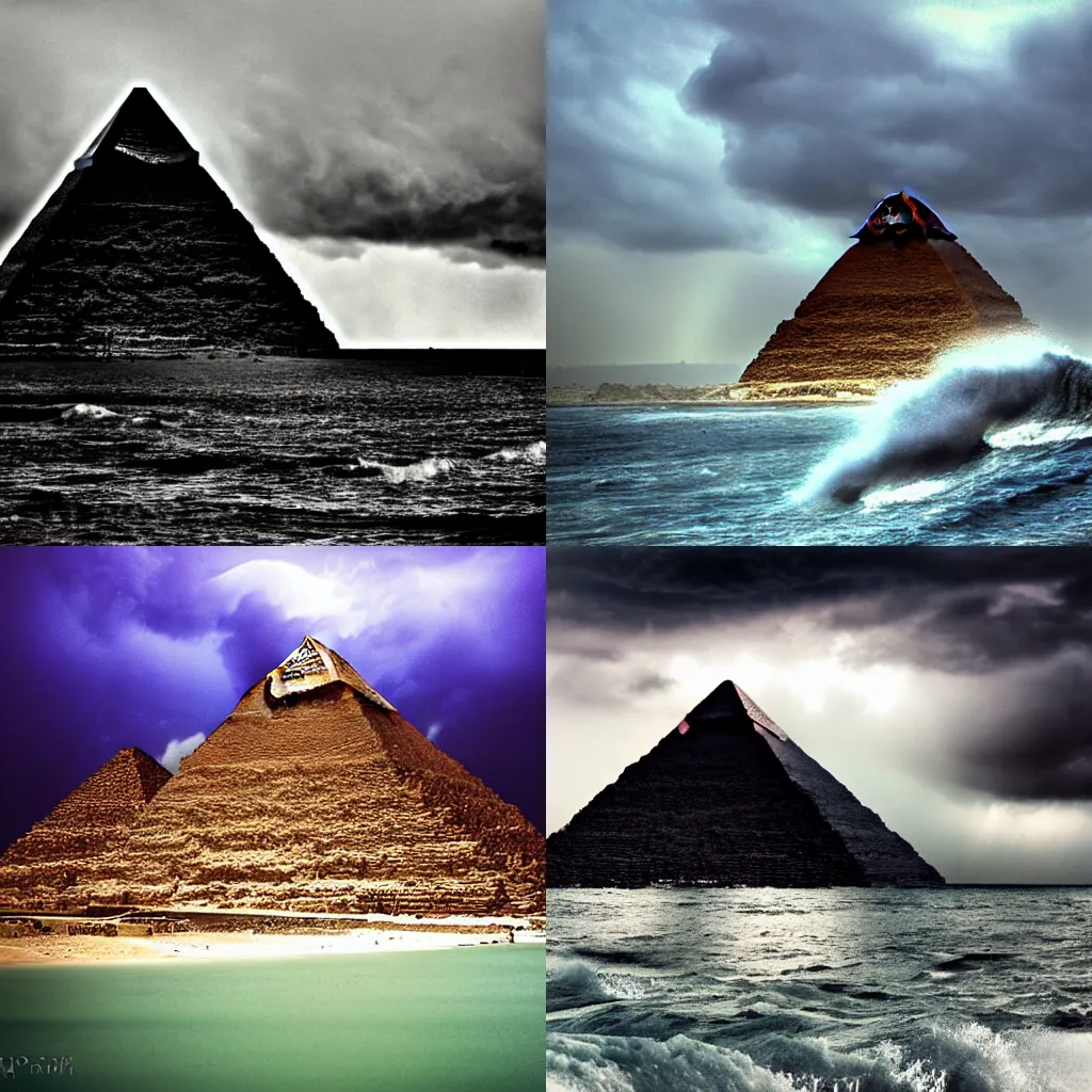 Prompt: Egyptian pyramid over the ocean, storm, dramatic light, overcast, highly detailed, huge waves