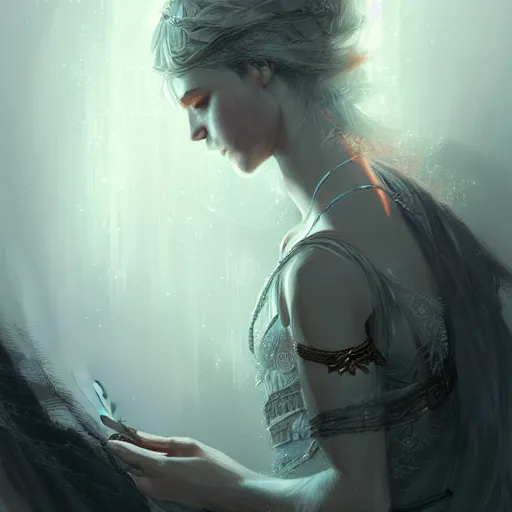 Image similar to beautiful extremely detailed intricate concept art depicting an archer by charlie bowater. shining jewelry. grey atmosphere. particles in the background. bcy. net