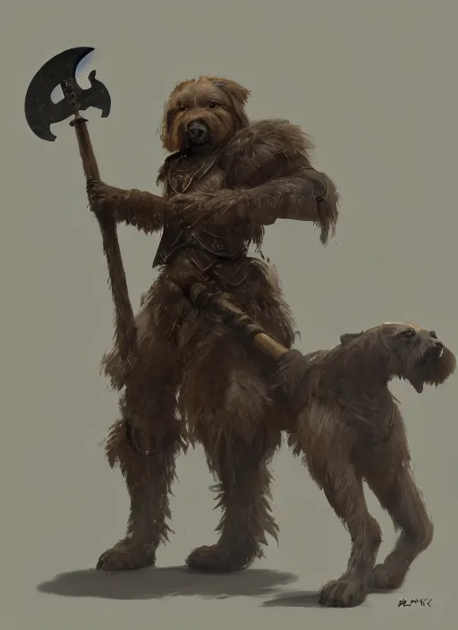 Image similar to A humanoid dog in heavy armor, brown and white fur, holding a green Scythe . In style of Hyung-tae Kim, Greg Rutkowski and Larry Elmore, concept art, trending on ArtStation, Korean MMORPG, over-detailed art, 8K, epic, dynamic lightning, scenery.