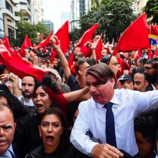 Prompt: Jair bolsonaro running scared from a group of people dressed in red