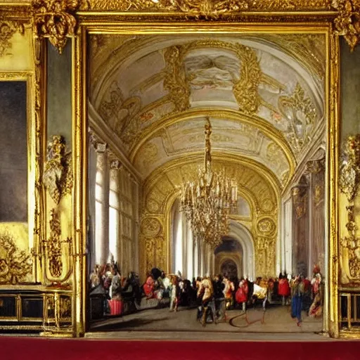 Image similar to fine art, oil on canvas baroque style by louis le nain. the interior of the palace of versailles in france. fine art in the walls and