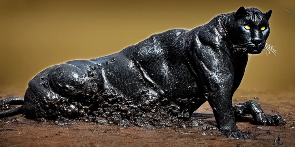 Prompt: a panther, made of ferrofluid, bathing inside the tar pit, full of goo, covered with ferrofluid. dslr, photography, realism, animal photography, color, savanna, wildlife photography