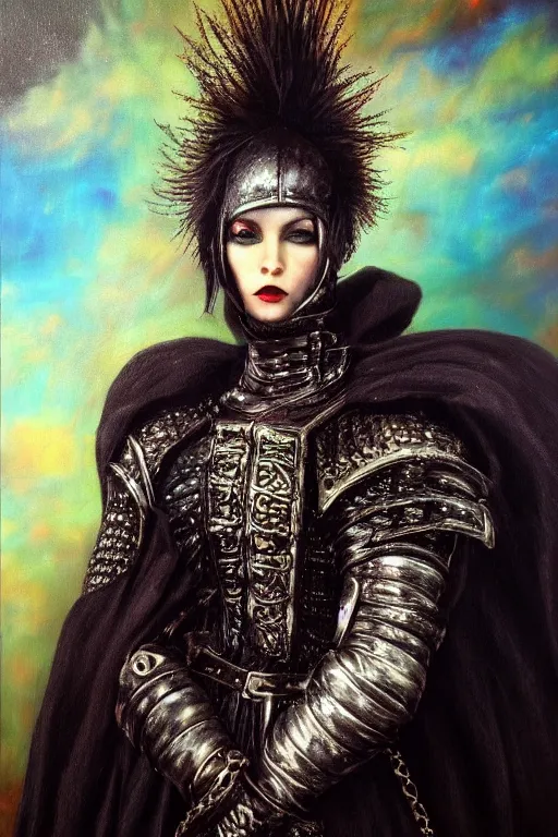 Image similar to hyperrealism oil painting, close - up portrait of punk gothic medieval brunette fashion model, knight, steel gradient mixed with nebula sky, in style of baroque