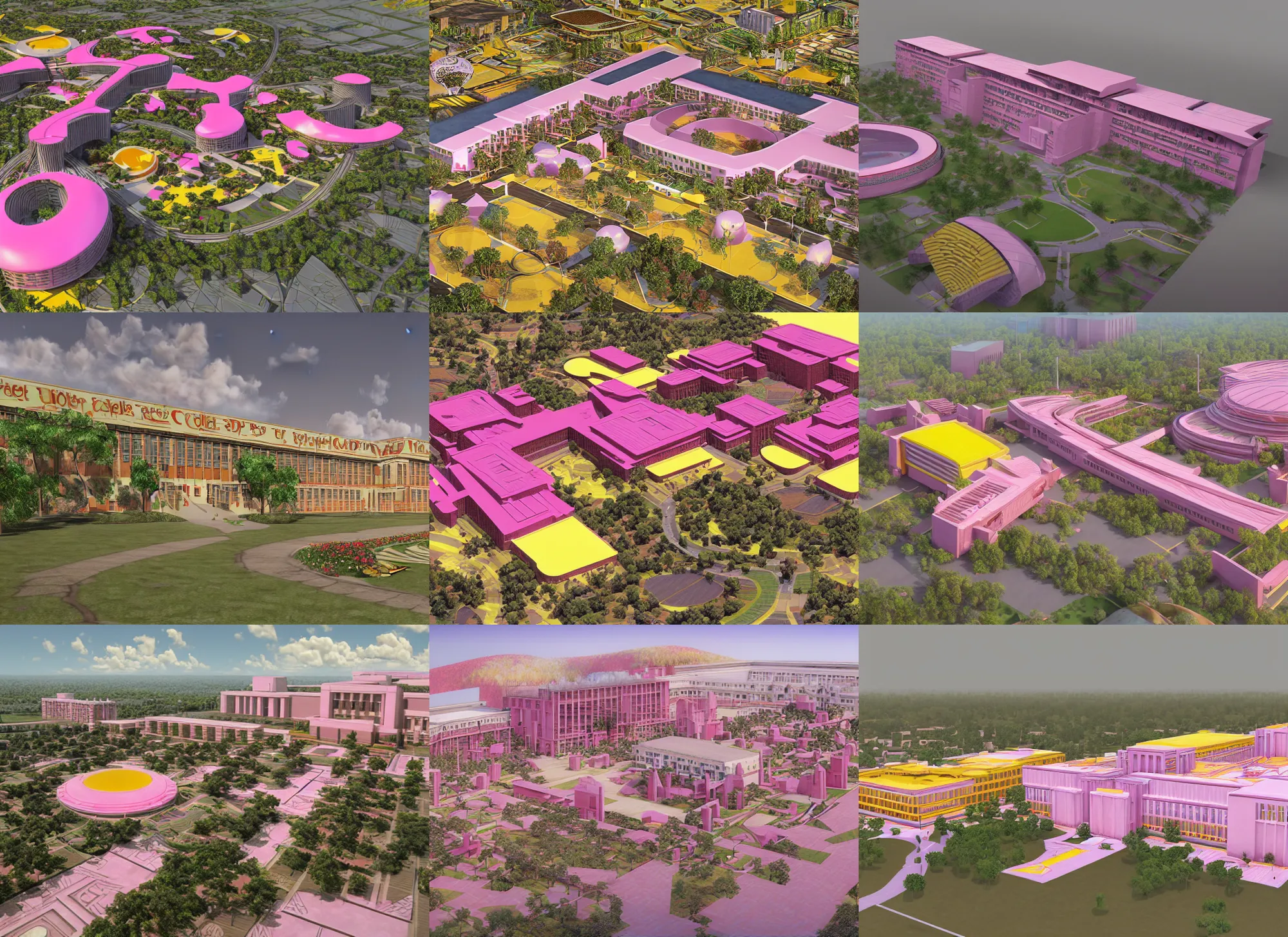 Prompt: a photo realistic 3d render of an afro futuristic prestigious college university campus, pink and varsity yellow color scheme, by Jeff Easley and Peter Elson, highly detailed, fine intricate linework