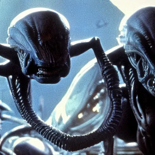 Image similar to movie still, 1 9 8 0 s, alien creatures, hyperdetailed, by ridley scott and john carpenter, blue leds