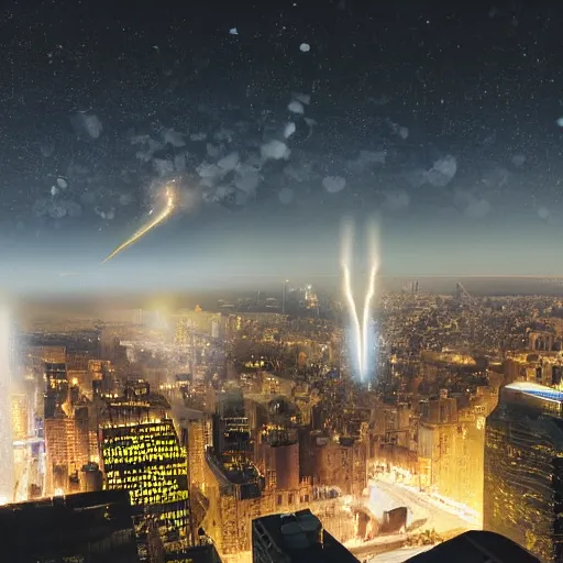 Image similar to a meteor falling on a modern city view