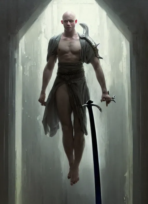 Prompt: a young man with wide, intense eyes, standing upside down on the ceiling of a hallway. he is bald and clean shaven, dressed entirely in white and holding a huge sword. painting by greg rutkowski and raymond swanland