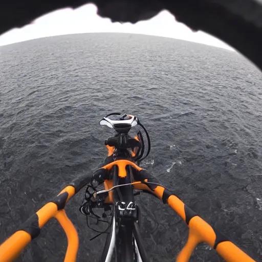 Image similar to POV bicycle: on a rocky path, Rider's first person holding the handlbars, point of view, GoPro, high 8k quality! entering the scary murky ocean, Fog. Ultrarealistic