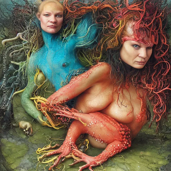 Image similar to a portrait photograph of mia wasikowska as a brightly colored satyr amphibian hybrid with wet mutated skin. wearing a catsuit many body modifications. by tom bagshaw, donato giancola, hans holbein, walton ford, gaston bussiere, brian froud, peter mohrbacher and magali villeneuve. 8 k, cgsociety