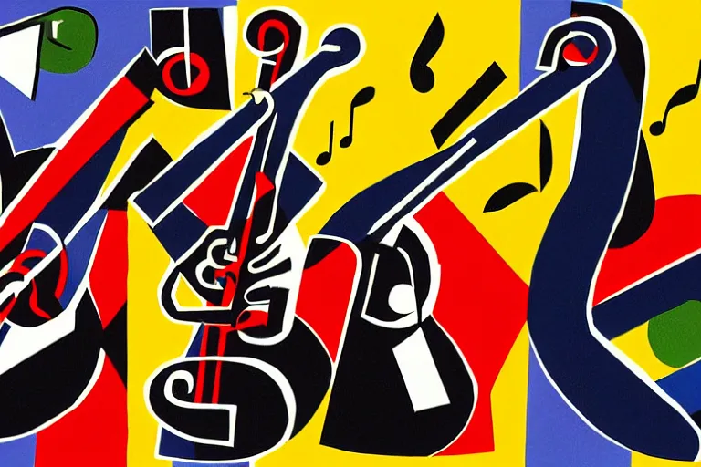 Prompt: 3 jazz musicians, head and shoulders playing with musical notes as abstract art in the style of Stuart Davis, texture, matte illustration