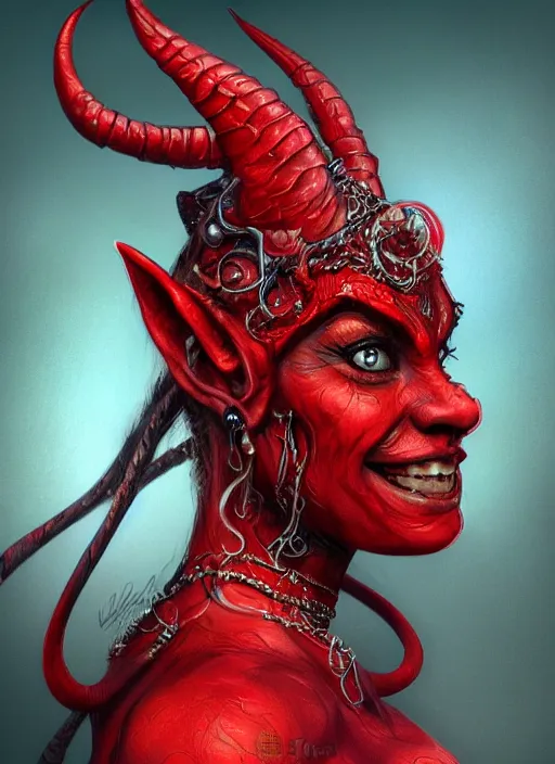 Image similar to red skin, Tiefling , smiling, beautiful detailed eyes, cute, fantasy, intricate, elegant, highly detailed, digital painting, 4k, HDR, concept art, detailed jewelry, smooth, sharp focus, illustration, by Wayne Reynolds